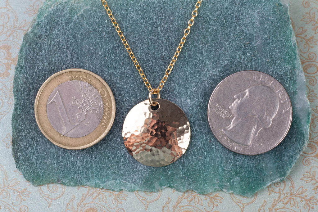 Gold Filled Hammered Disc Necklace in Small 3/4 Inch Width with Cable Chain in Choice of Length