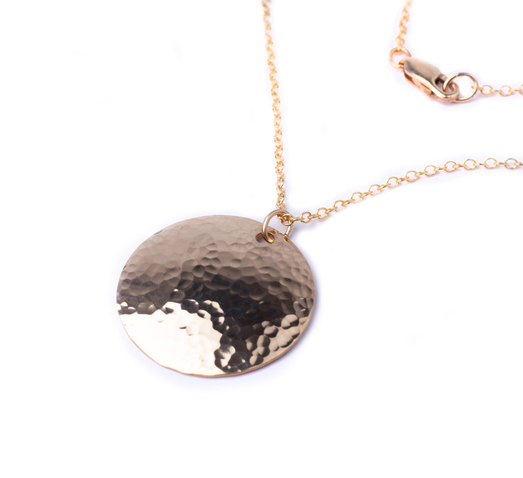 Gold Filled Hammered Disc Necklace in Medium 1 Inch Width with Cable Chain in Choice of Length