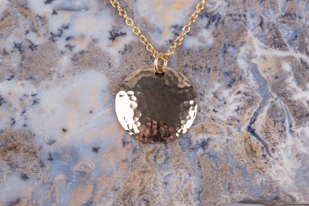 Gold Filled Hammered Disc Necklace in Small 3/4 Inch Width with Cable Chain in Choice of Length