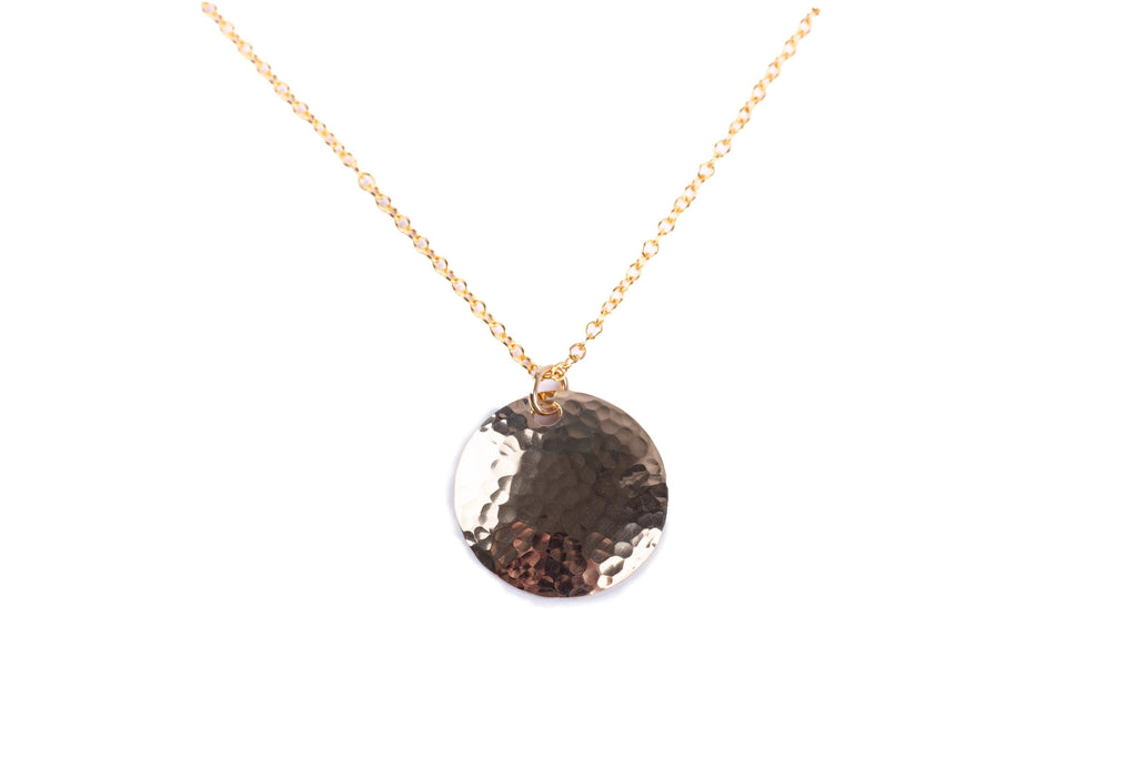 Gold Filled Hammered Disc Necklace in Small 3/4 Inch Width with Cable Chain in Choice of Length