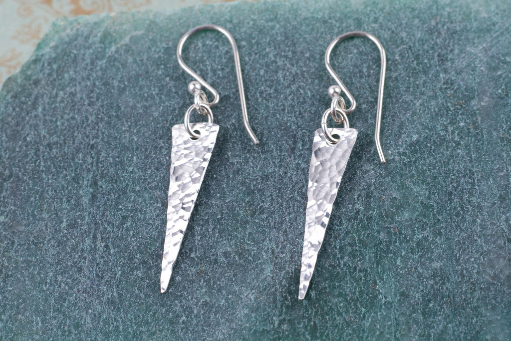 Handmade Hammered Sterling Silver Triangle Earrings in Solid .925 that are About 1 1/2 Inches Long by Cloud Cap Jewelry