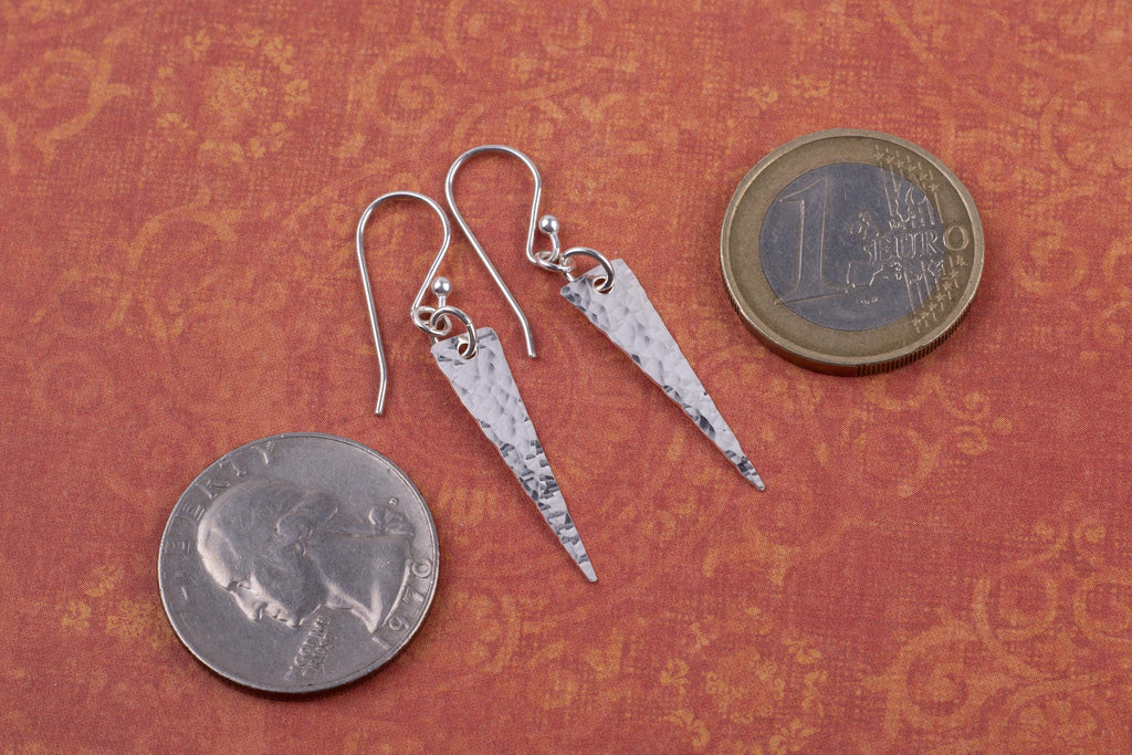 Handmade Hammered Sterling Silver Triangle Earrings in Solid .925 that are About 1 1/2 Inches Long by Cloud Cap Jewelry