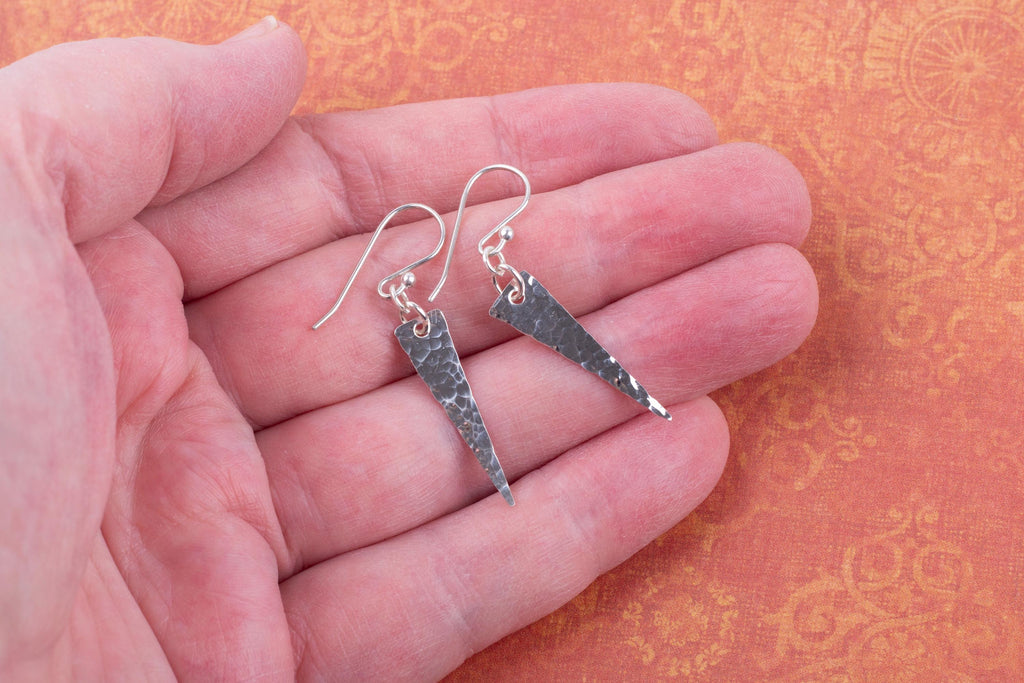 Handmade Hammered Sterling Silver Triangle Earrings in Solid .925 that are About 1 1/2 Inches Long by Cloud Cap Jewelry