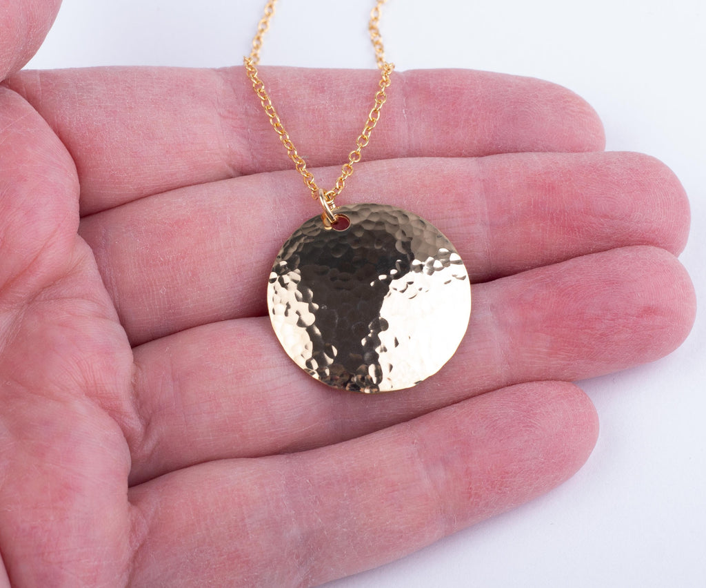 Gold Filled Hammered Disc Necklace in Medium 1 Inch Width with Cable Chain in Choice of Length