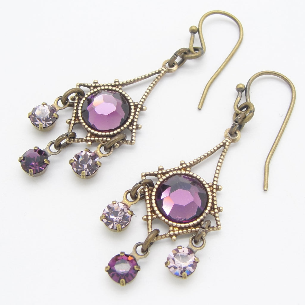 small victorian chandelier earrings in purple crystals and antiqued brass