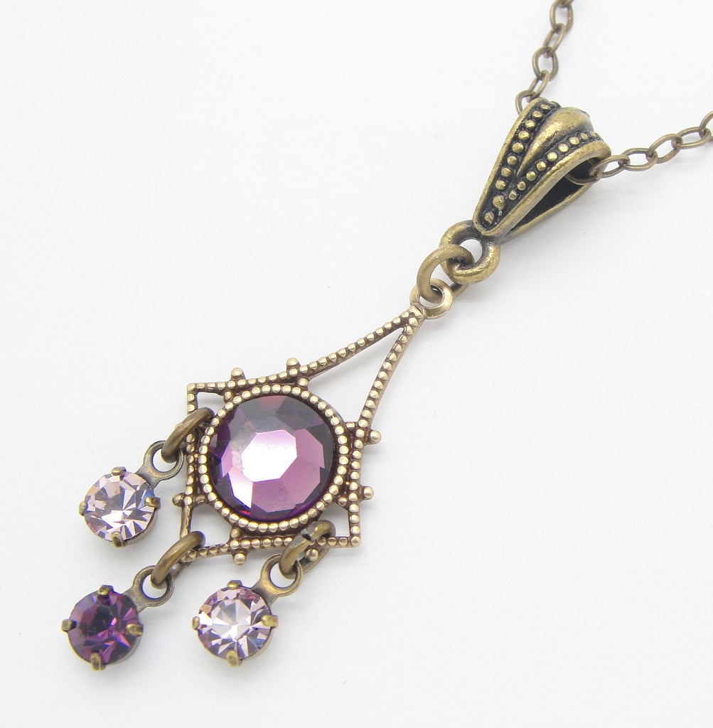 purple victorian chandelier dangle necklace close
