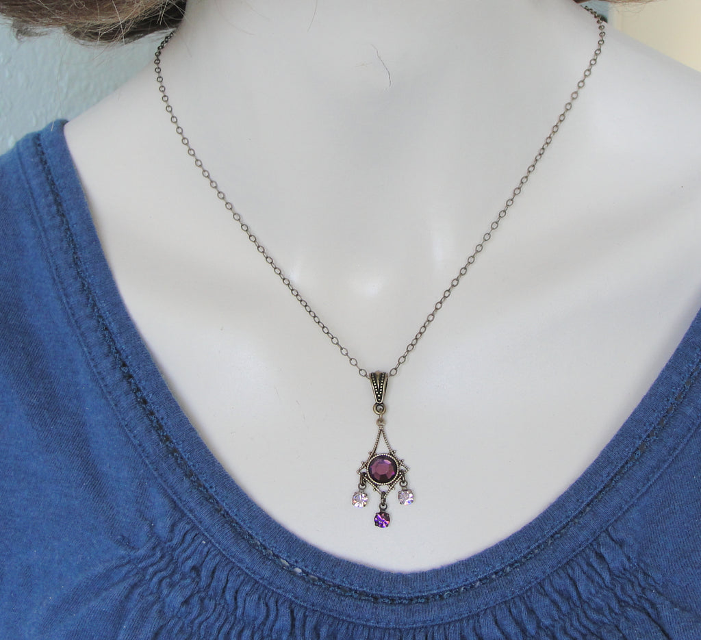 purple victorian chandelier dangle necklace on