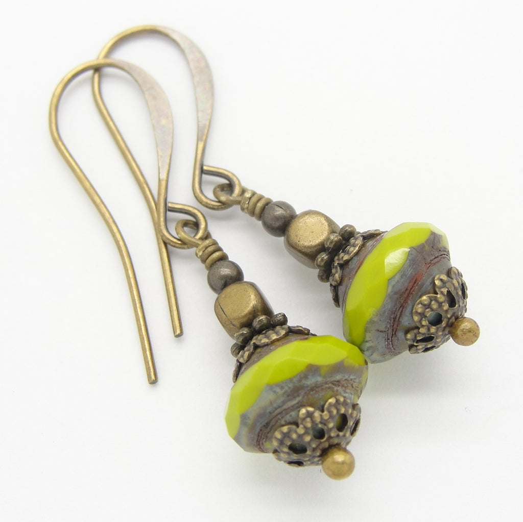 Chartreuse Green Drop Earrings on white