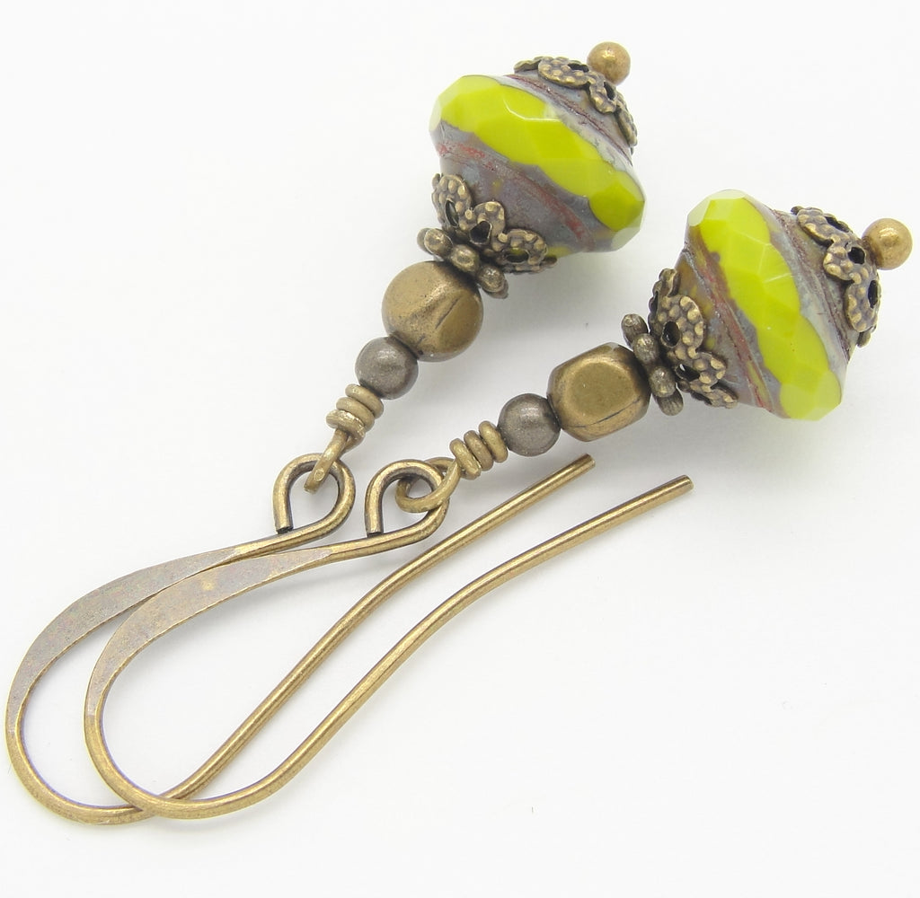 Chartreuse Green dangle Earrings with antiqued brass
