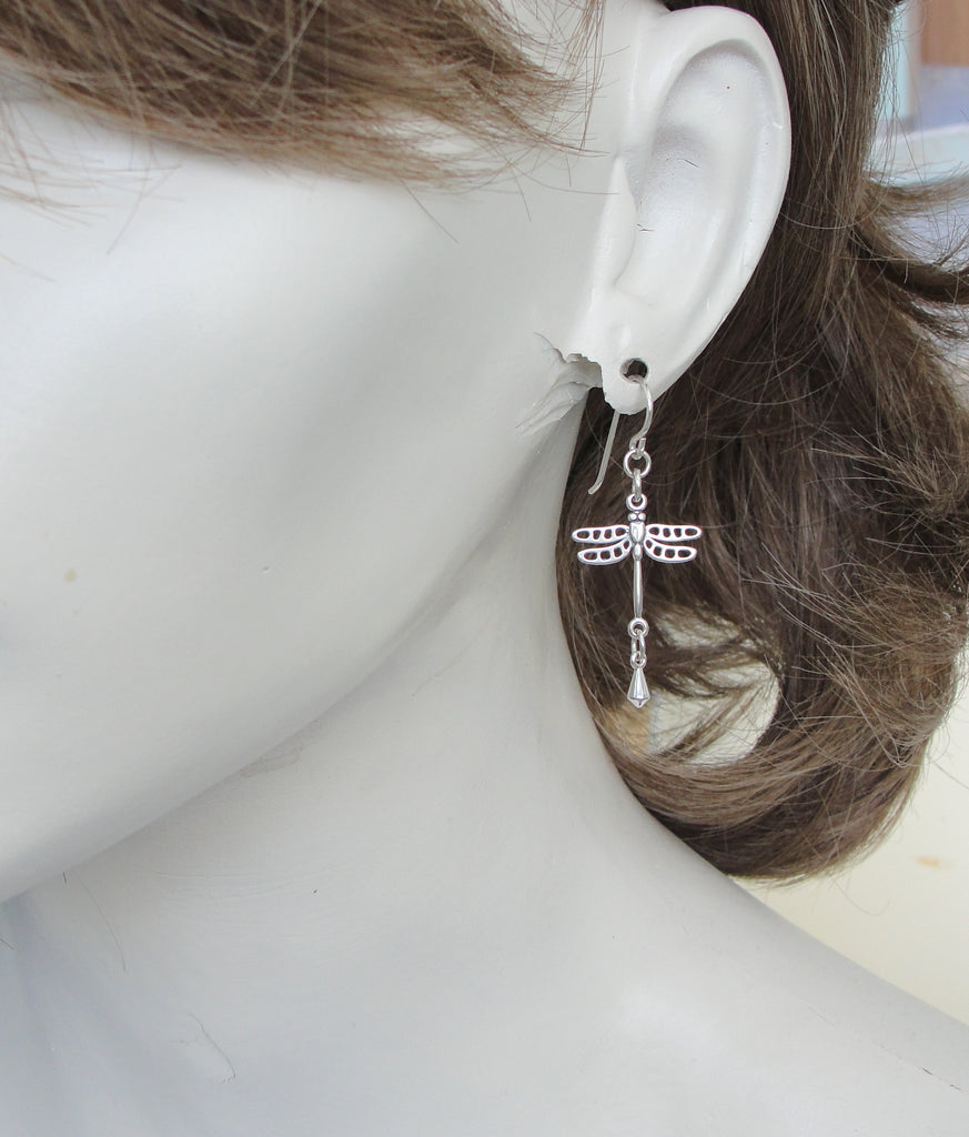 handmade Dragonfly Earrings in Sterling Silver with Tiny Drops on