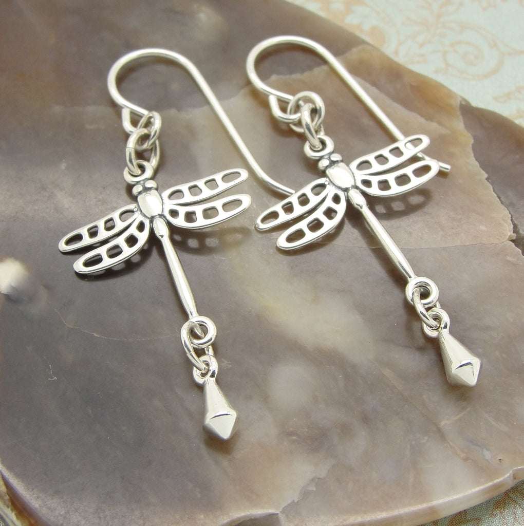 Dragonfly Earrings in Sterling Silver with Tiny Drops on rock