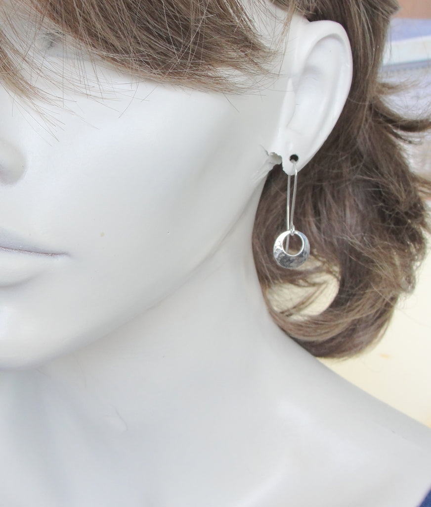 extra small hammered disc earrings on extra long handmade earwires