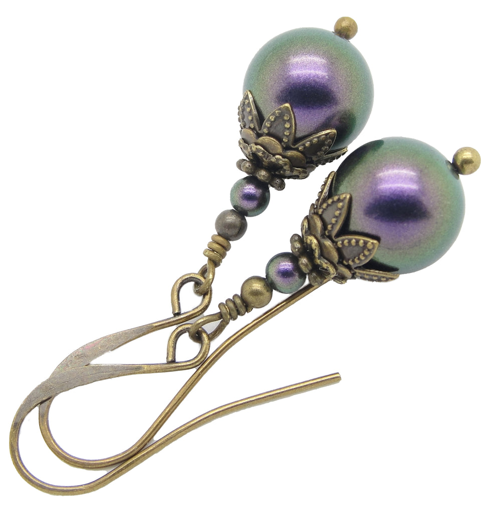 Neo Victorian Style Earrings with Iridescent Purple Manmade Pearls on white