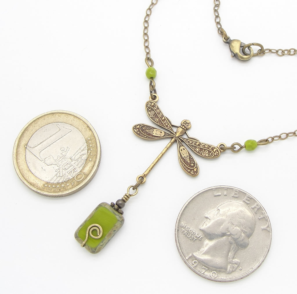 chartreuse or olive green dragonfly necklace in antiqued brass with coins