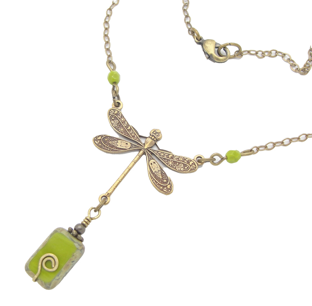 chartreuse or olive green dragonfly necklace in antiqued brass close
