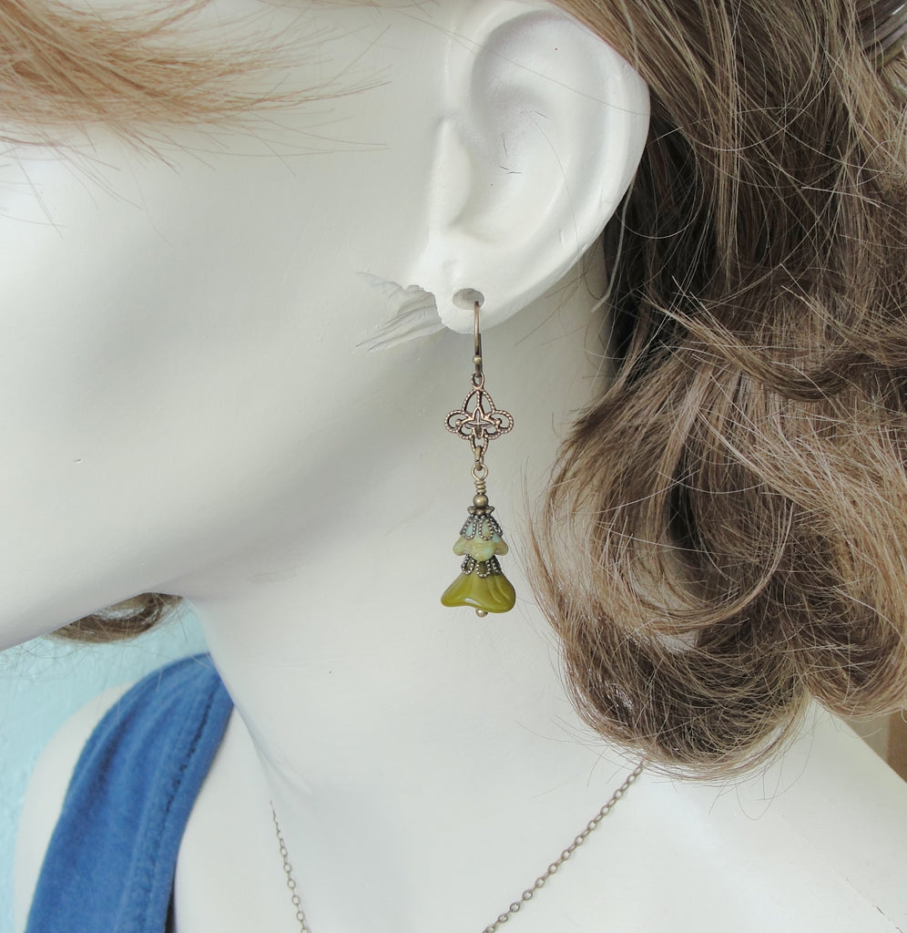 boho flower dangle earrings in green and turquoise greenish blue on