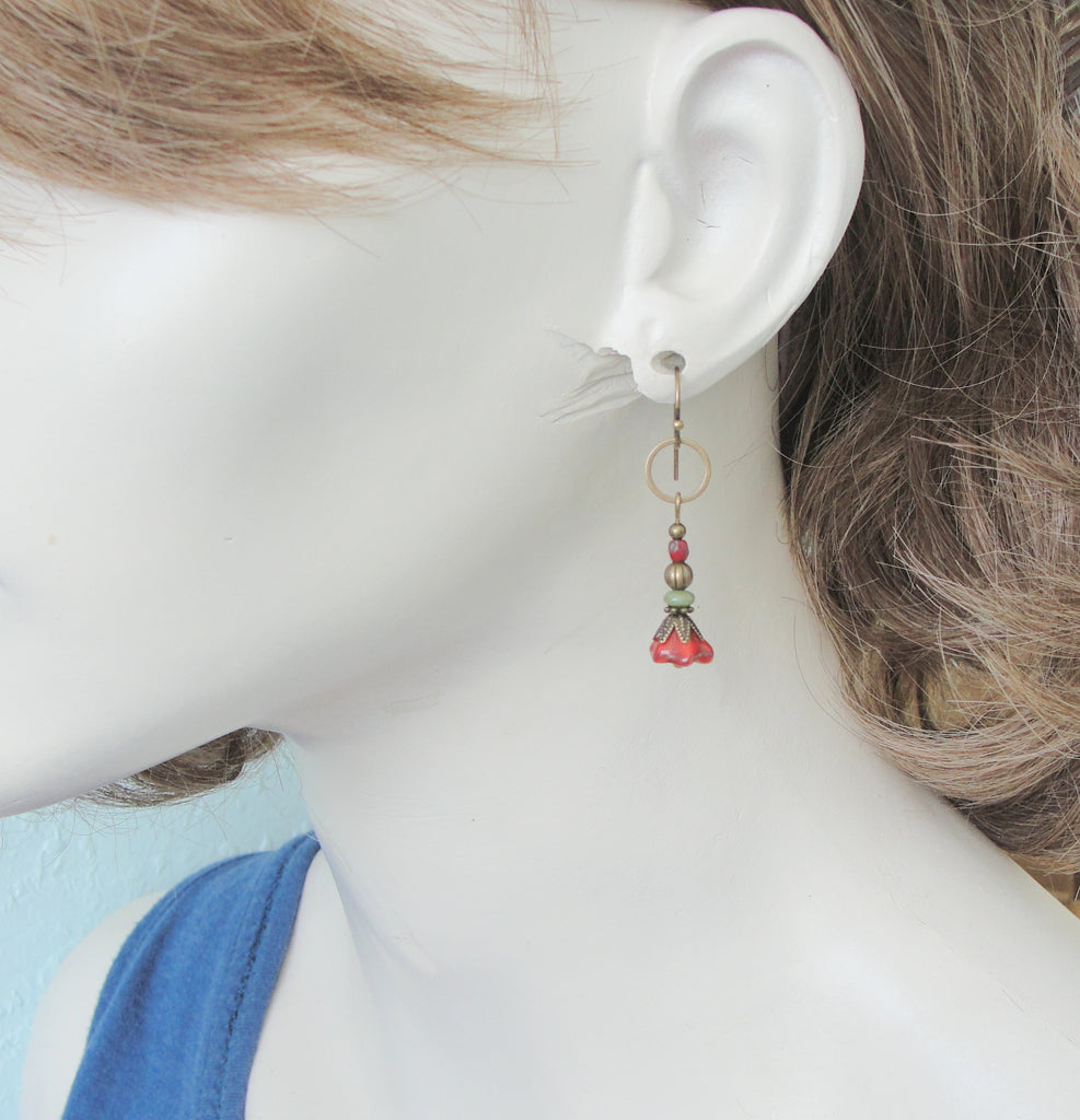boho red flower dangle earrings in antiqued brass 
