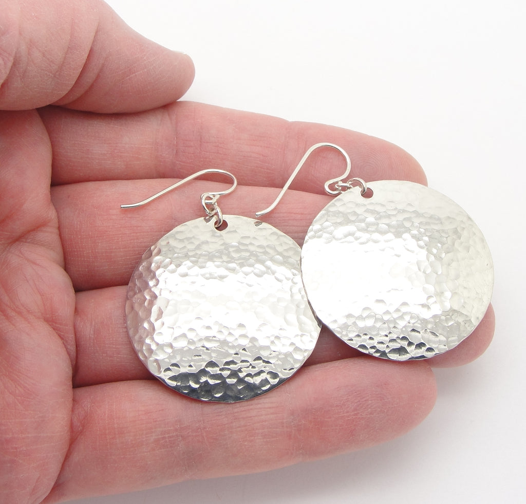 medium large sterling silver disc earrings 1 1/4 inch in hand