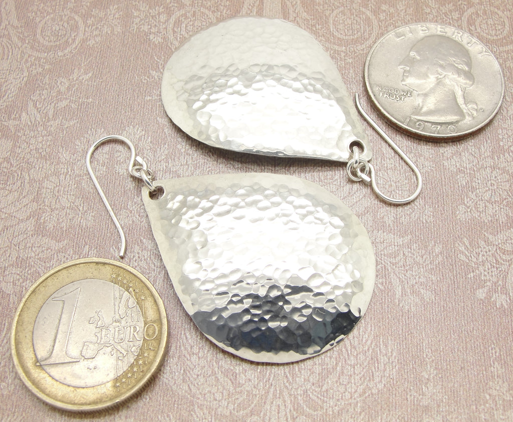 handmade large sterling silver hammered teardrop earrings coin