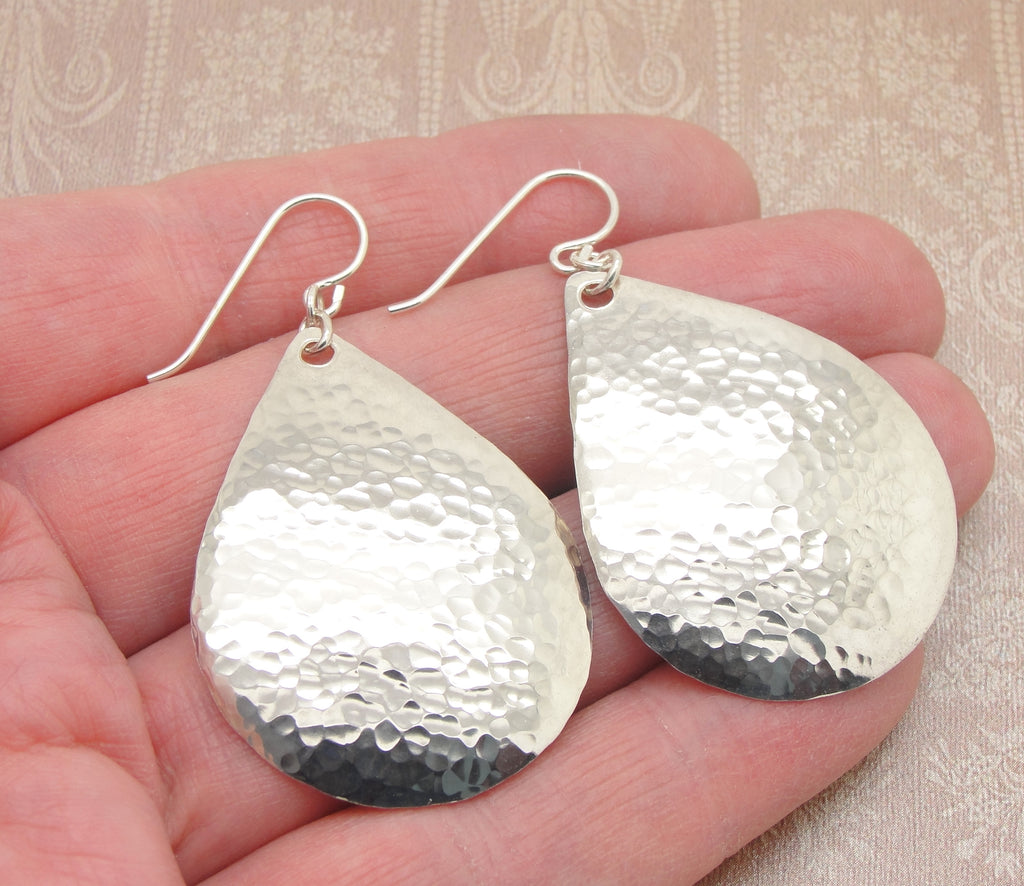 handmade large sterling silver hammered teardrop earrings hand