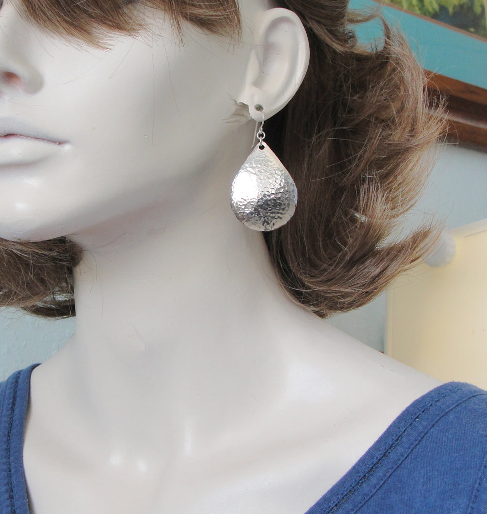handmade large sterling silver hammered teardrop earrings on