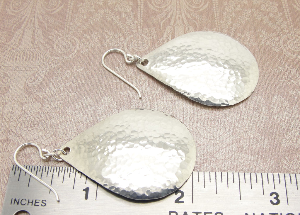 handmade large sterling silver hammered teardrop earrings ruler