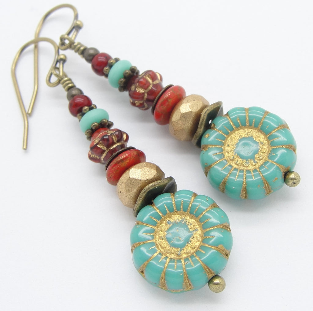 boho blue and red flower earrings with goldtone beads and antiqued brass 