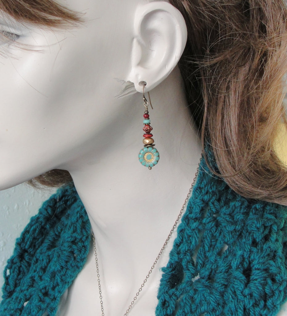 boho blue and red flower earrings with goldtone beads and antiqued brass on