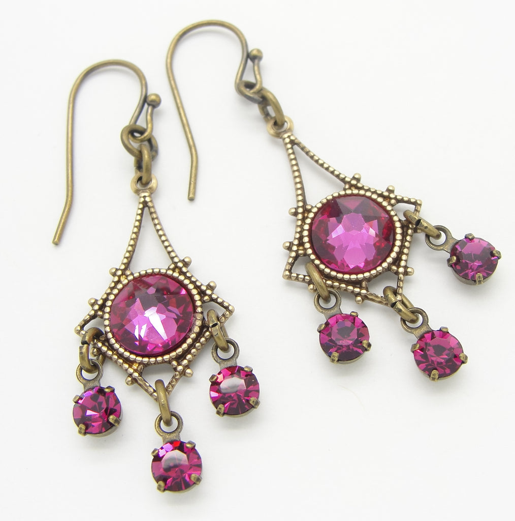 small fuchsia victorian chandelier earrings with crystal drops 