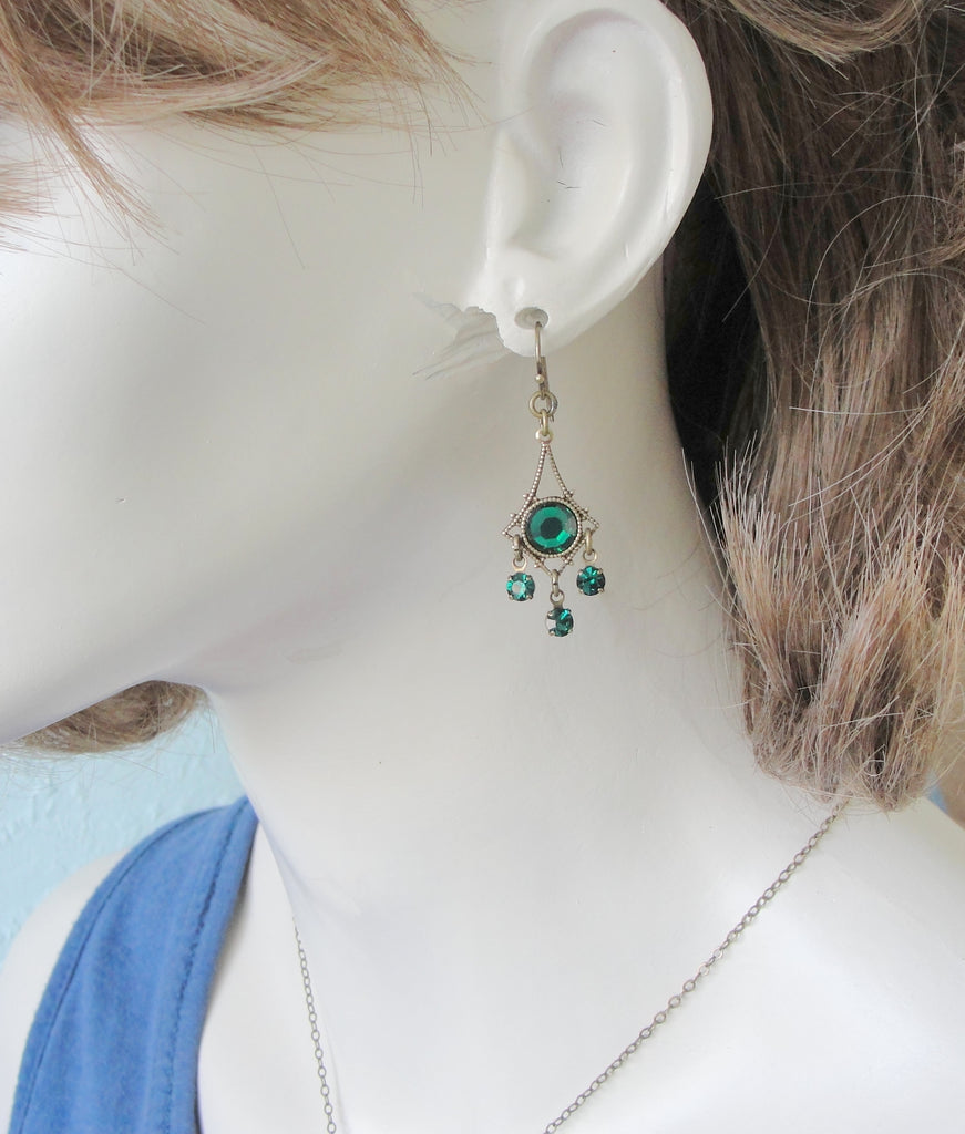 Small Chandelier Earrings with Emerald Green Crystal Rhinestones on