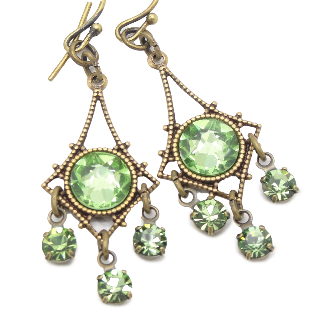 Petite Chandelier Earrings with Peridot Green Crystal Rhinestones