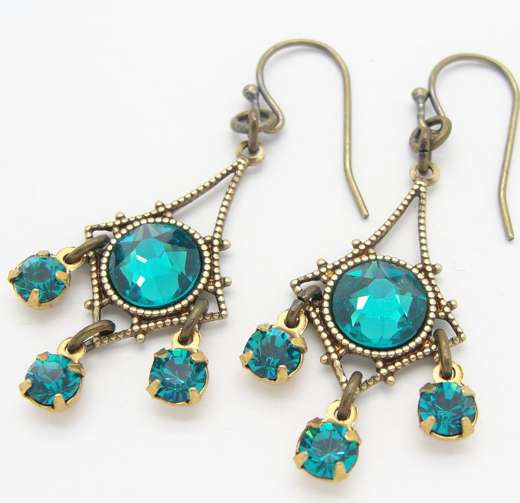 victorian chandelier earrings in  blue zircon Swarovski crystal on white