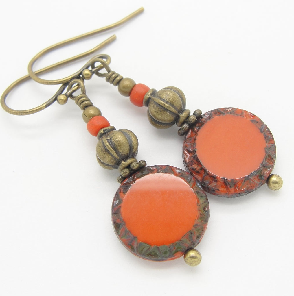 orange boho earrings in antiqued brass