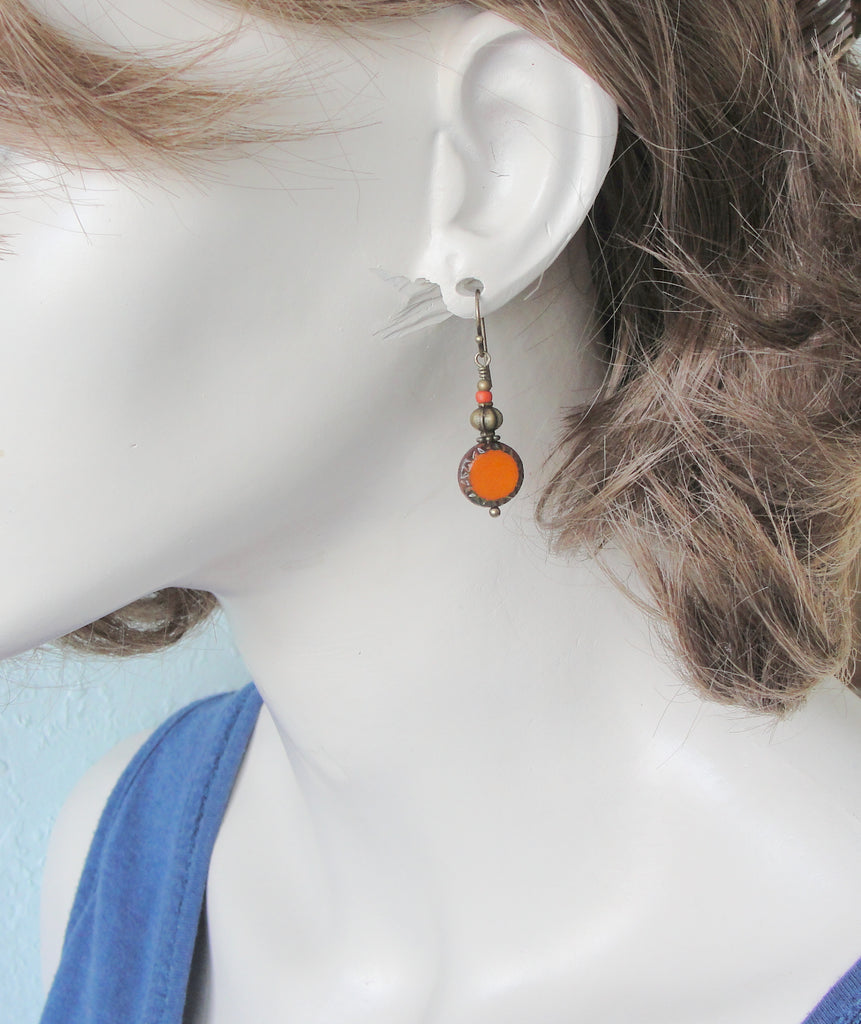 orange boho earrings coin bead on