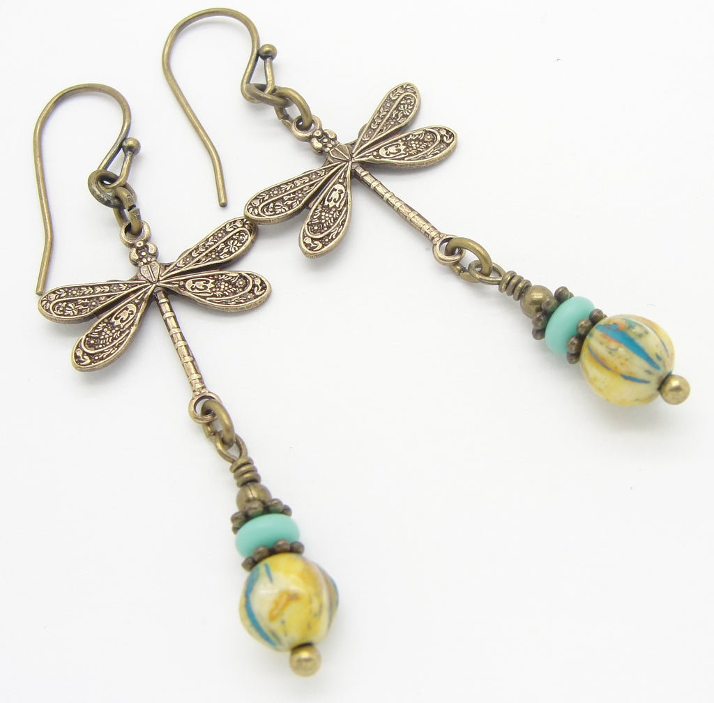 boho victorian dragonfly earrings in antiqued brass