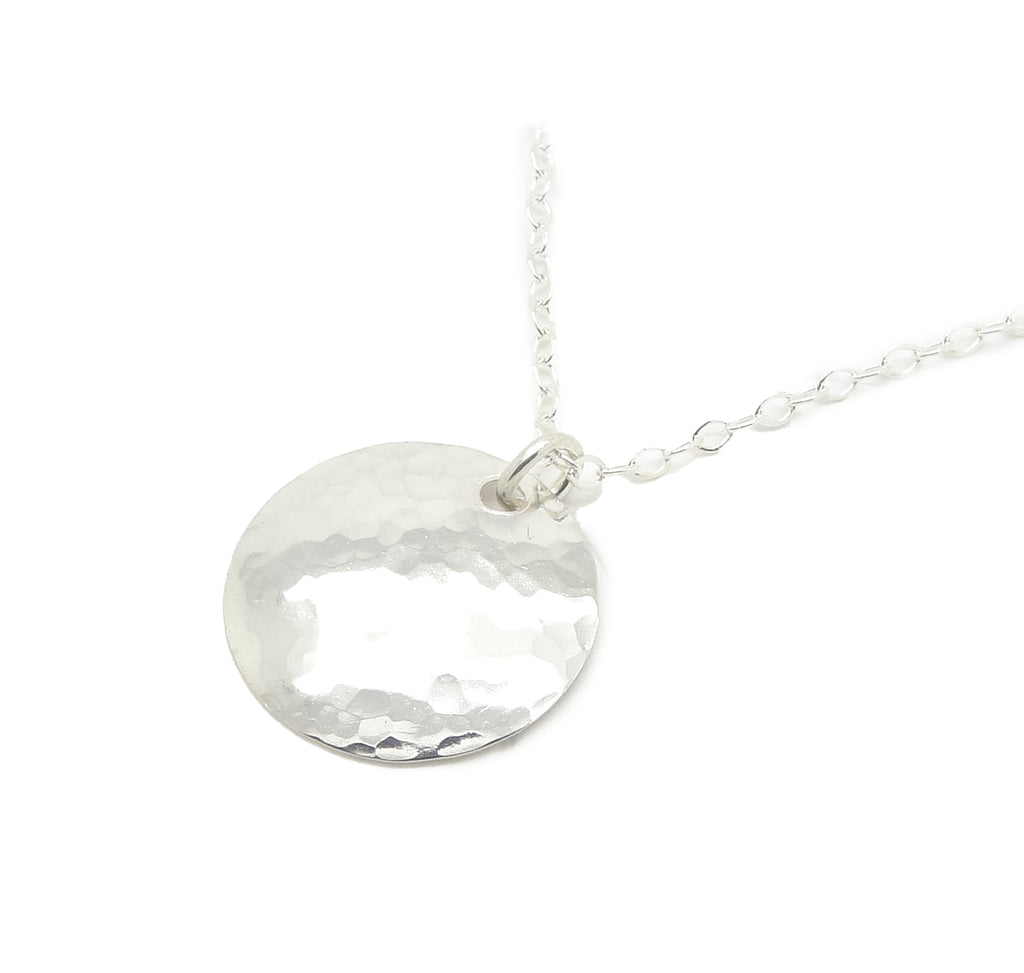 Small Sterling Silver Hammered 3/4 Inch Disc Necklace with Cable Chain white