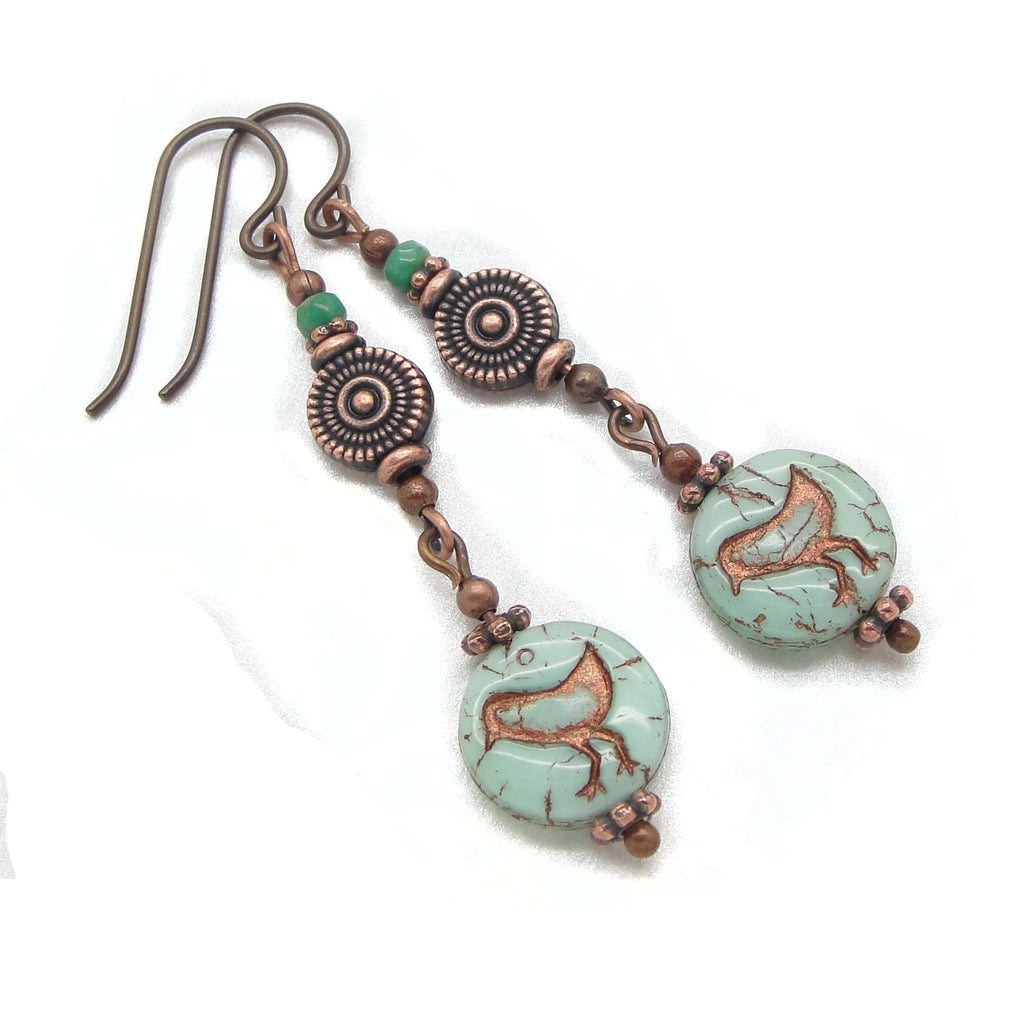  boho style green bird earring in antiqued copper with niobium earwires on white