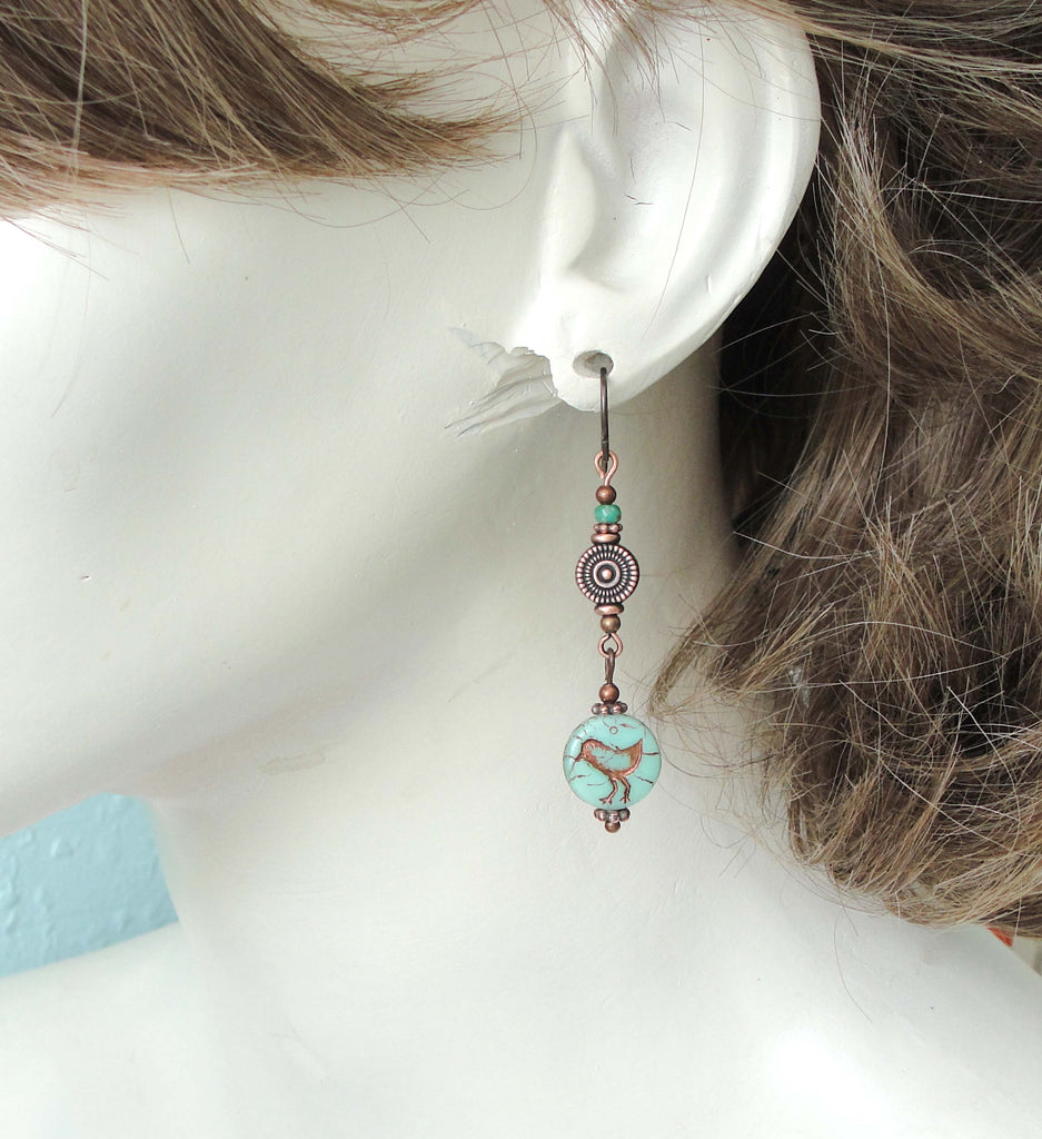 boho style green bird earring in antiqued copper with niobium earwires on