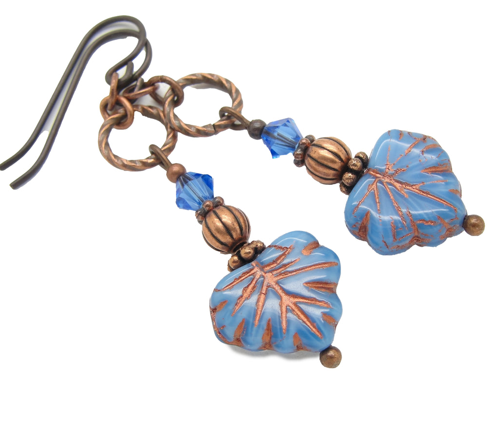 denim blue earrings in leaf shape boho bohemian