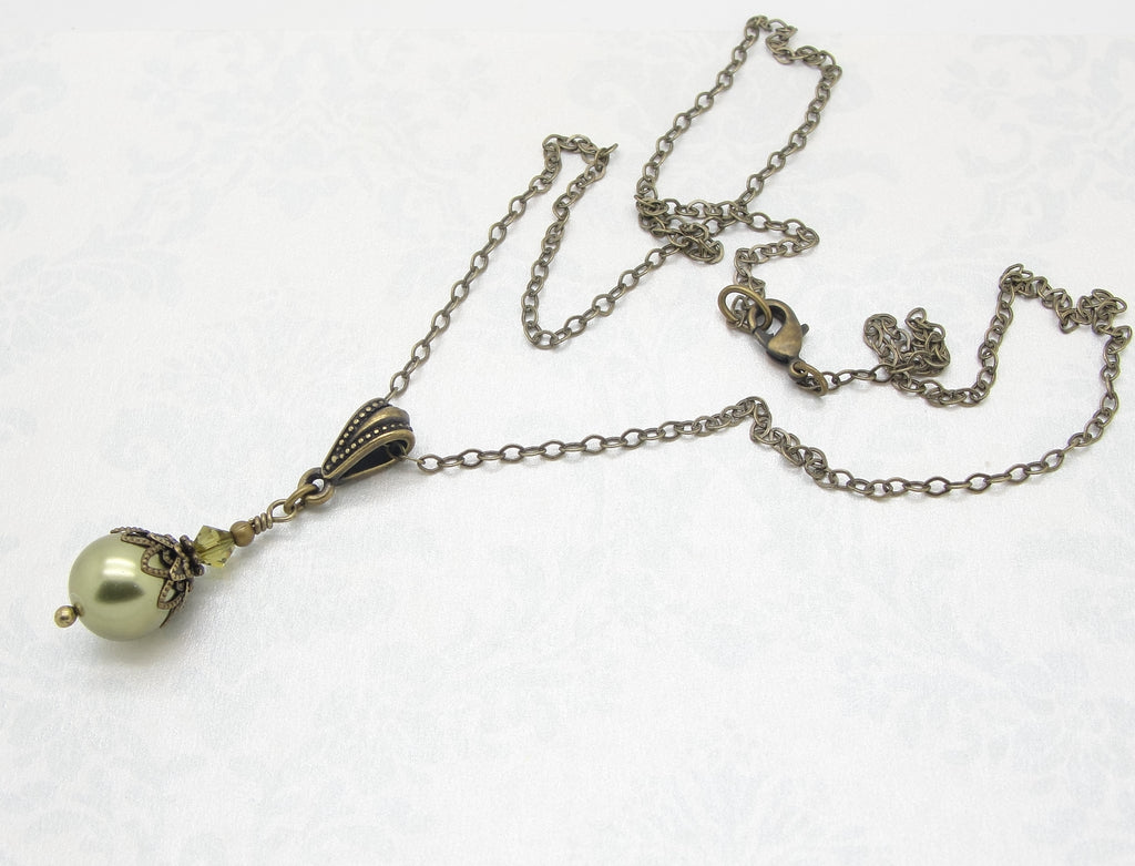 Pearl Dangle Necklace in the Neo Victorian Jewelry Style with Antiqued Brass and Olive Green Swarovski Pearl and Crystal whole