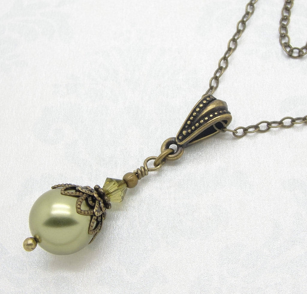 Pearl Dangle Necklace in the Neo Victorian Jewelry Style with Antiqued Brass and Olive Green Manmade Pearl and Crystal