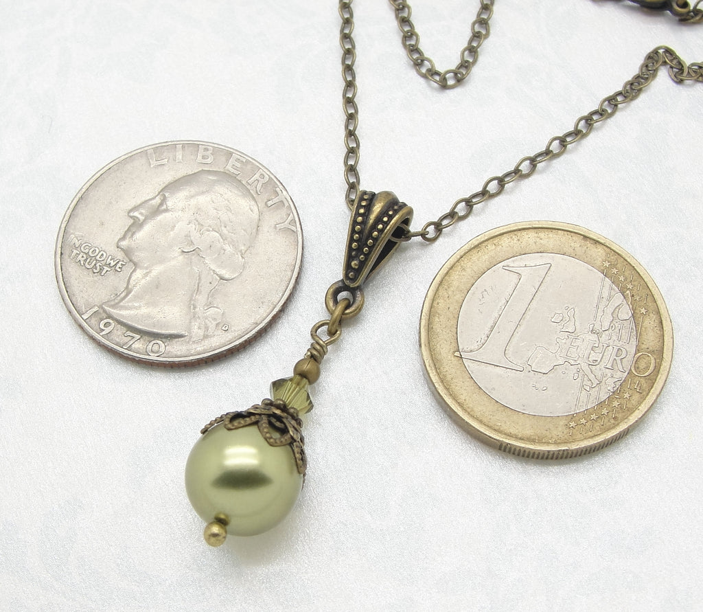 Pearl Dangle Necklace in the Neo Victorian Jewelry Style with Antiqued Brass and Olive Green Swarovski Pearl and Crystal coins