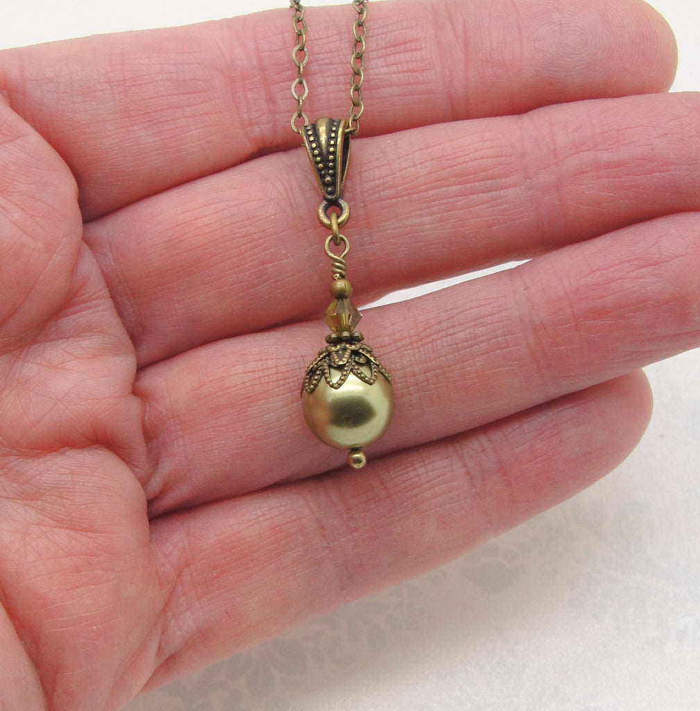 Pearl Dangle Necklace in the Neo Victorian Jewelry Style with Antiqued Brass and Olive Green Swarovski Pearl and Crystal hand