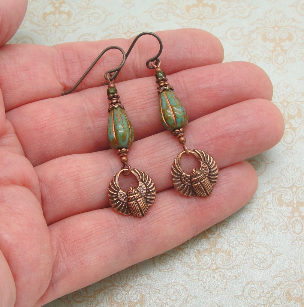 antiqued copper scarab earrings with turquoise blue green glass teardrop beads hand