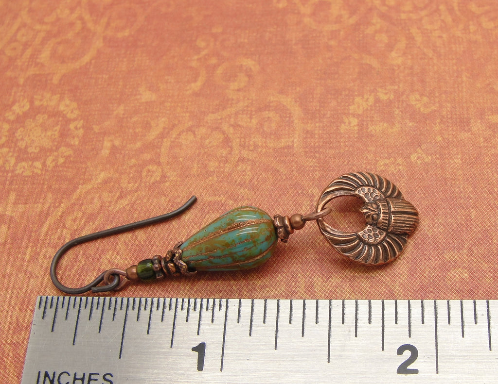 antiqued copper scarab earrings with turquoise blue green glass teardrop beads ruler