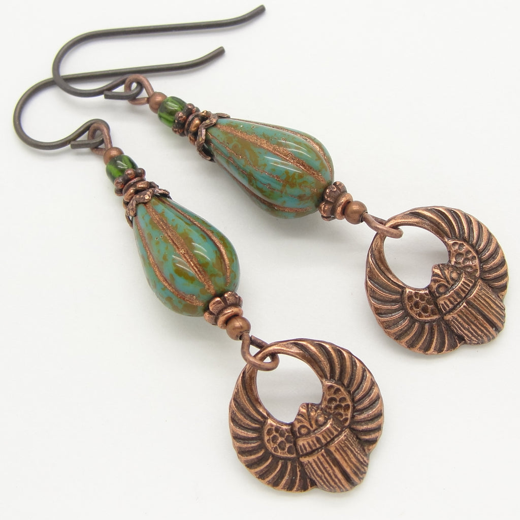 antiqued copper scarab earrings with turquoise blue green glass teardrop beads 