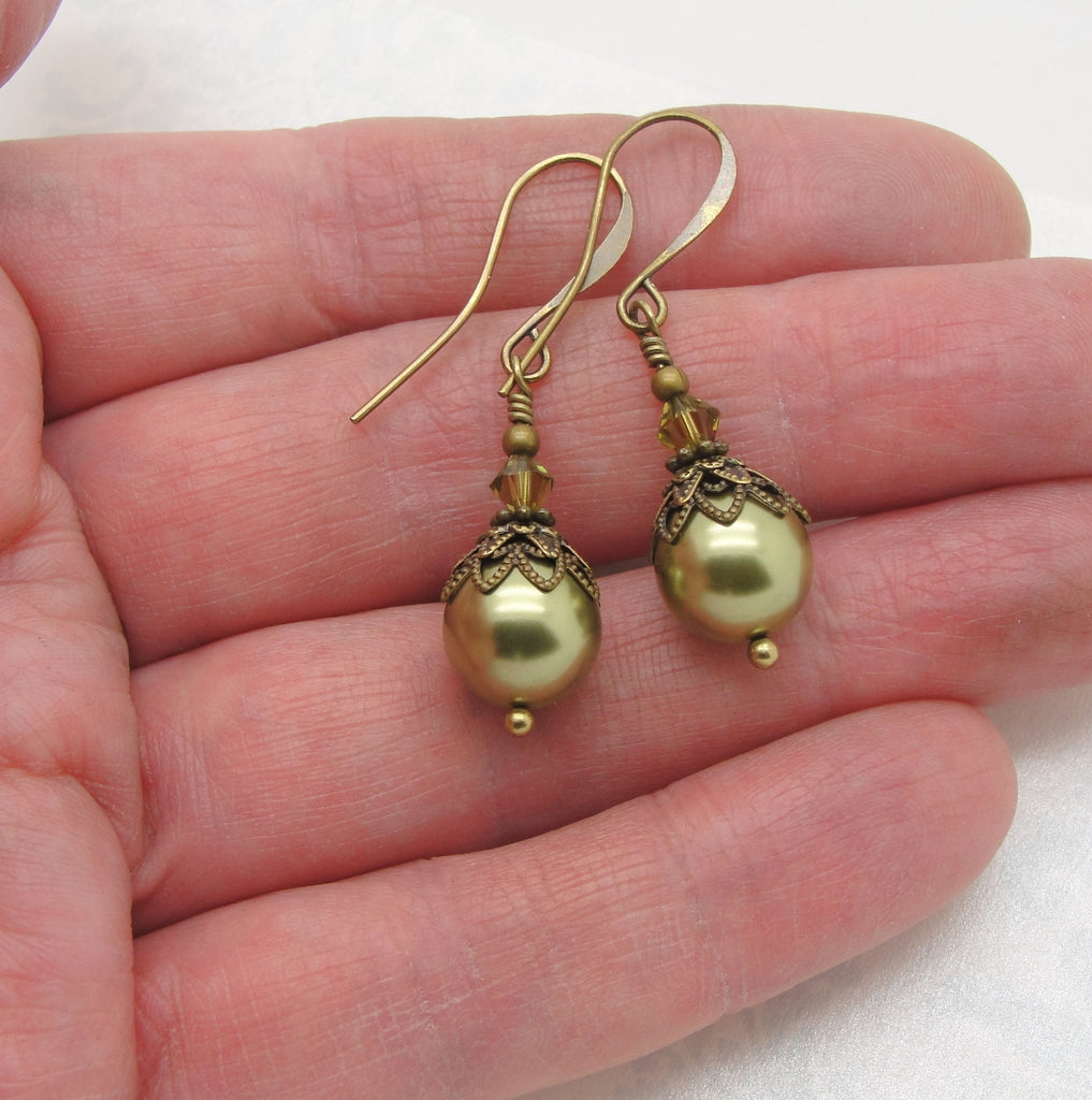 victorian earrings light green crystal pearl hand