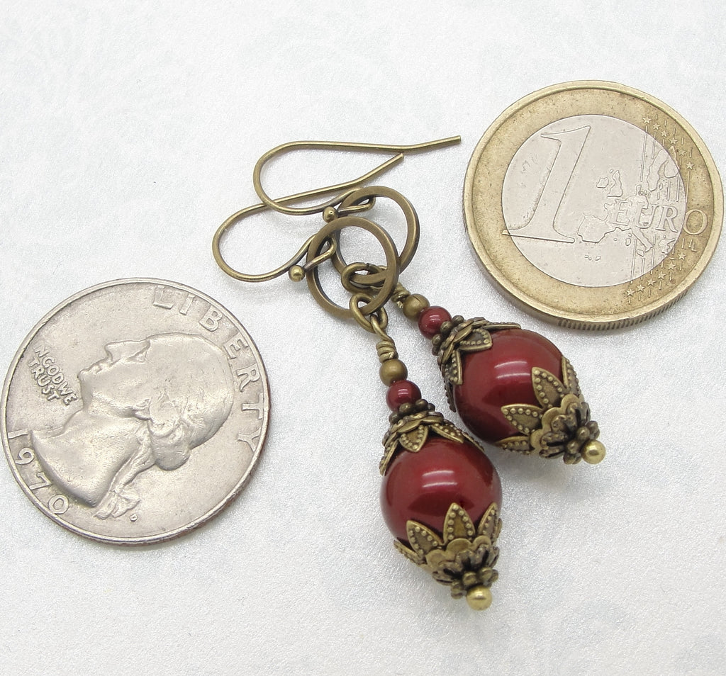 bordeaux red round manmade crystal pearl earrings with antiqued brass coins