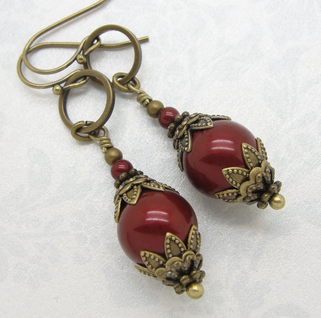 bordeaux red round manmade crystal pearl earrings with antiqued brass