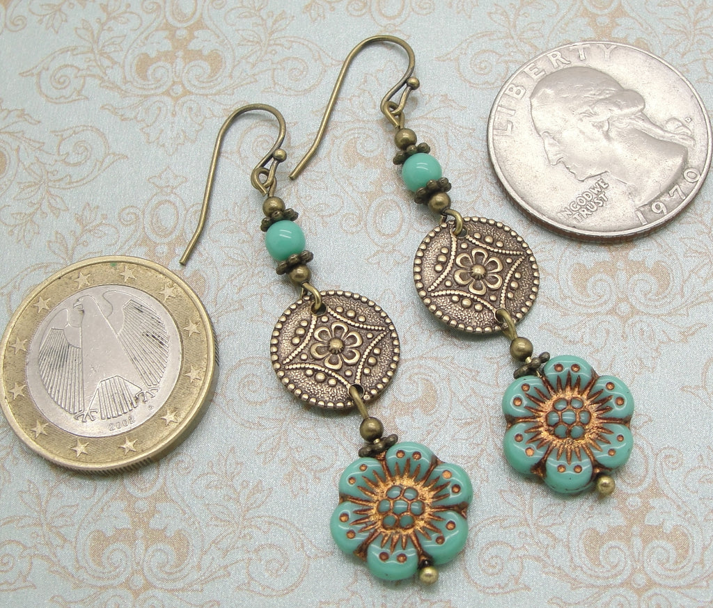 Wild Rose Flower Earrings in Turquoise Glass and Antiqued Brass coins